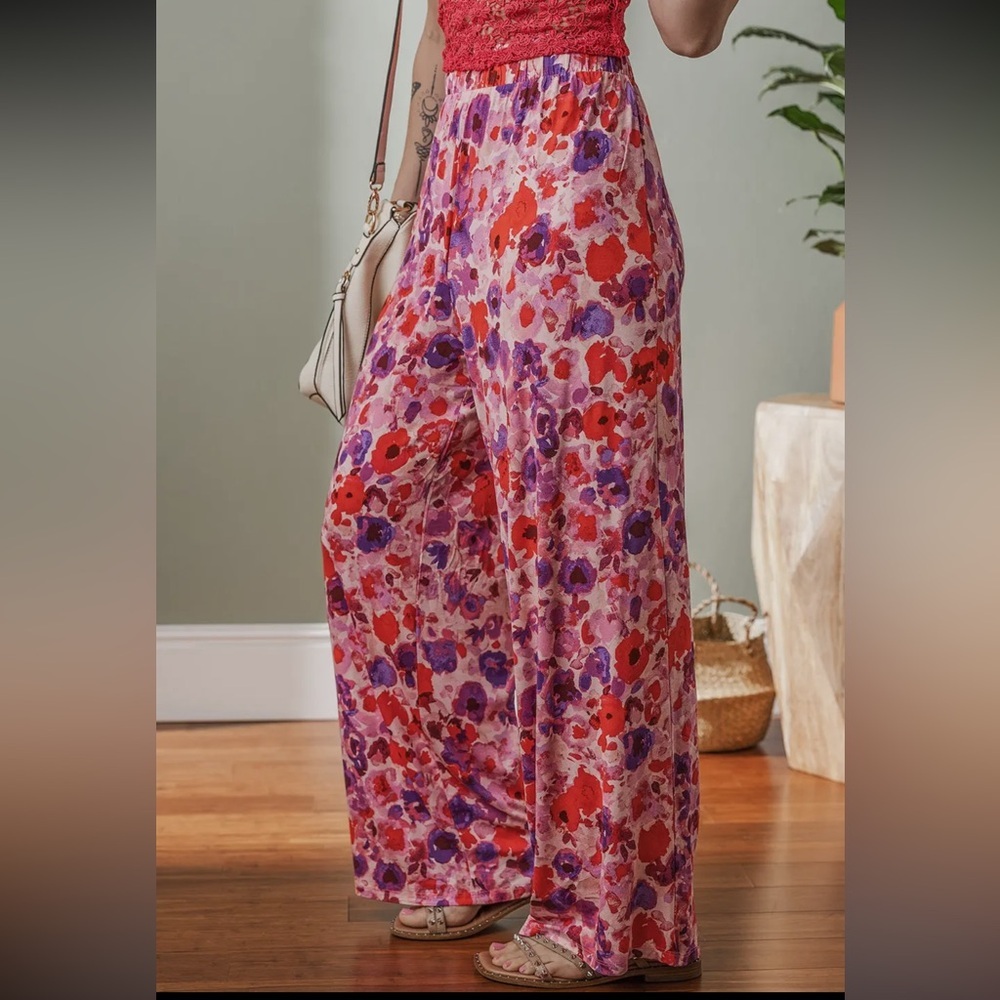 NWOT Boutique XL Floral Wide-Leg Pants - Red and Purple And Pink - Picture 2 of 7